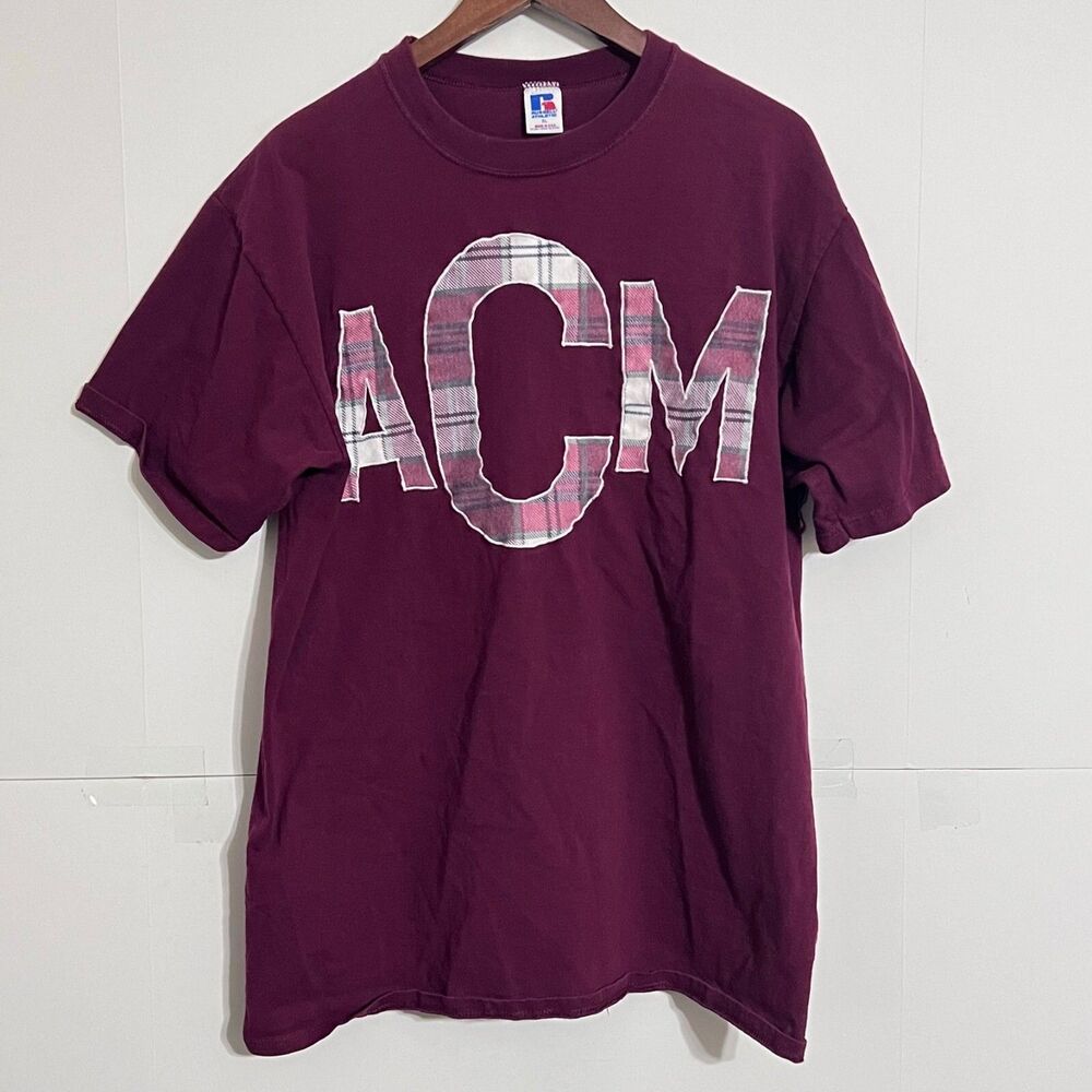 Vintage 90s Russell Athletic T Shirt XL Red Bar Made In USA Maroon ACM Tee